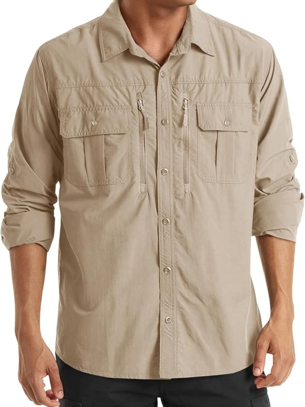 TACVASEN Summer Cargo Shirts Men's Mesh Breathable Long Sleeve Multi-Pockets L